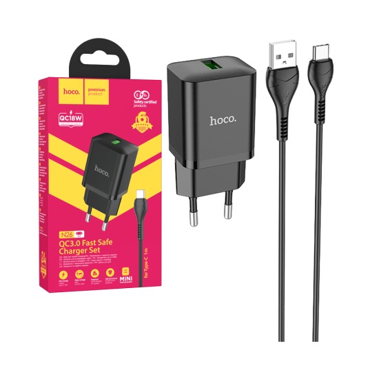 Hoco Charger N26 Maxim PD18w Qc3.0 Type-C Cable 1m Black Hoco Charger N26 Maxim PD18w Qc3.0 Type-C Cable 1m Black